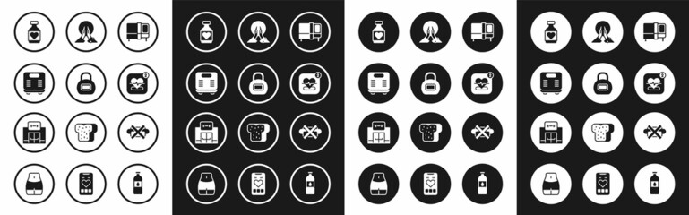 Set Bed, Kettlebell, Bathroom scales, Vitamin pill, Mobile with heart rate, Meditation, No junk food and Gym building icon. Vector