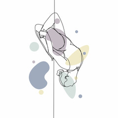 Continuous one simple single abstract line drawing of beautiful woman pole dancer making a pose icon in silhouette on a white background. Linear stylized.