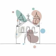 Continuous one simple single abstract line drawing of church religion concept icon in silhouette on a white background. Linear stylized.