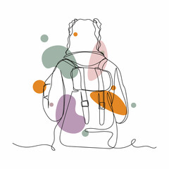 Continuous one simple single abstract line drawing of tourist woman icon in silhouette on a white background. Linear stylized.
