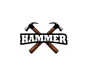Crossed hammers vintage woodworking logo design, grange print stamp, creative carpentry lumberjack typography emblem, Retro Vector label