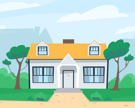 Rural house on one floor. Green fence and trees. Suburban village. Flat vector illustration