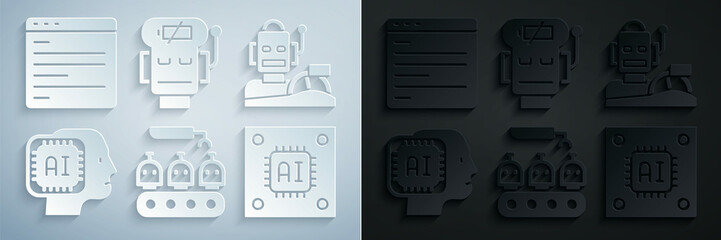 Set Industrial production of robots, Robot humanoid driving car, Humanoid, Processor with microcircuits CPU, low battery charge and Computer api interface icon. Vector