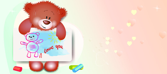 Cute teddy bear with children's drawing. 