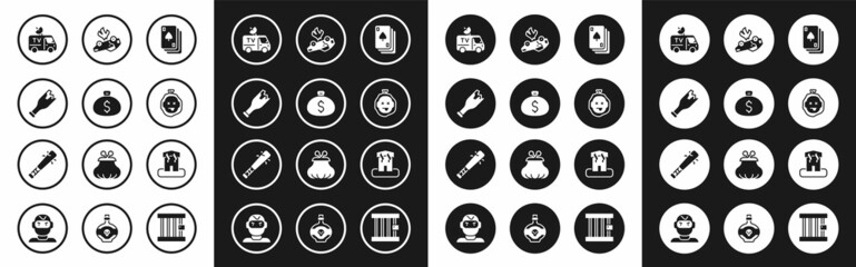 Fototapeta premium Set Playing cards, Money bag, Broken bottle as weapon, TV News, Murder, Burning, Arson home and Baseball bat with nails icon. Vector
