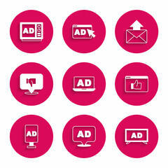 Set Advertising, Customer product rating, Dislike speech bubble, Mail and e-mail and icon. Vector