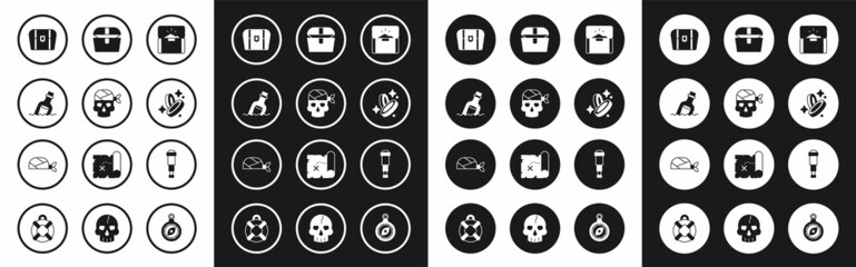 Set Antique treasure chest, Pirate captain, Bottle with message water, coin, Spyglass telescope lens and bandana for head icon. Vector