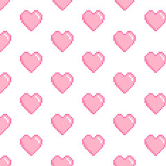 Pink pixel heart seamless pattern. Valentine's Day, 8 march retro style design. White background. Vector illustration. For greeting cards, post cards, invitations.