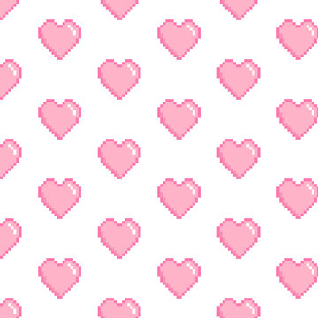Pink pixel heart seamless pattern. Valentine's Day, 8 march retro style design. White background. Vector illustration. For greeting cards, post cards, invitations.
