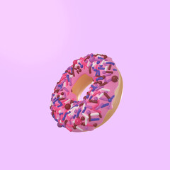 Donut 3d rendering illustration appetizing with icing and colorful sprinkles isolated illustration