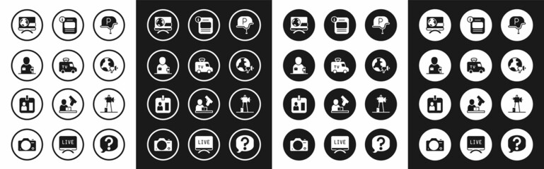 Fototapeta premium Set War journalist, TV News car, Journalist news, Breaking, World, Information, Antenna and id card icon. Vector