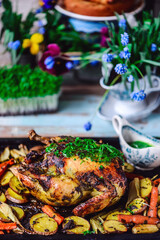 Fototapeta na wymiar Easter chickens with herbs and lemon..style rustic
