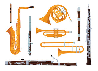 Wind classical orchestral musical instrument icons set. Saxophone and French Horn, Trumpet and Trombone, Flute and Bassoon, Clarinet and oboe. Vector illustration in flat cartoon style isolated - obrazy, fototapety, plakaty