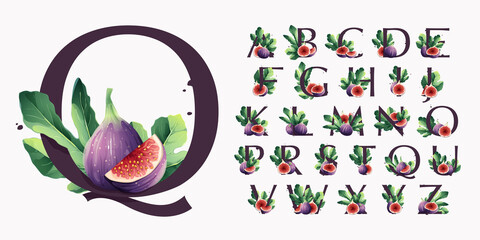Alphabet with fresh ripe purple fig fruit and slices with leaf.
