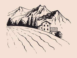 Vector illustration in sketch style. Rural landscape on the background of mountains. Design element.