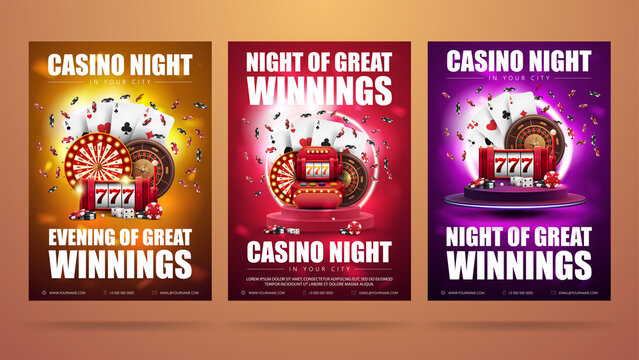 Casino night, set of invitation posters with casino elements. Posters with slot machine, Casino Roulette wheel, playing cards and poker chips