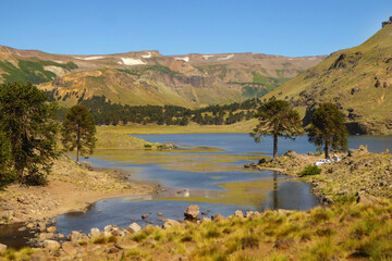 Fototapeta na wymiar Blue and green lagoon with mountains at the back and pehuen trees in Caviahue, Neuquén, Argentina 