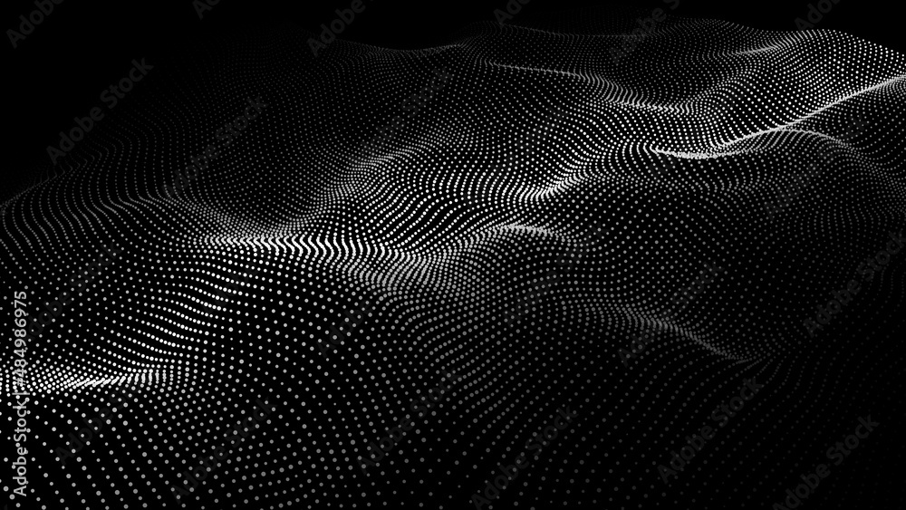 Poster a wave of particles. abstract dark background with dynamic wave. the concept of technological backgr