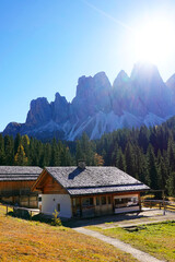 Traditional wooden chalet in the Dolomites, Italy, Europe