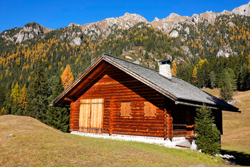 Wooden chalet in the Dolomites, Italy, Europe