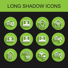 Set line Smart home, Digital door lock with wireless technology for unlock, house and alarm, wi-fi, light bulb, Laptop smart, and temperature icon. Vector