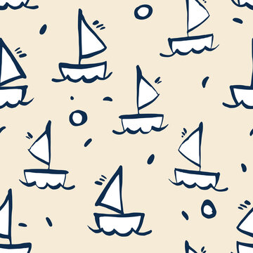 Seamless background with sailboats and yachts. Drawn in gouache. Monochrome pattern.