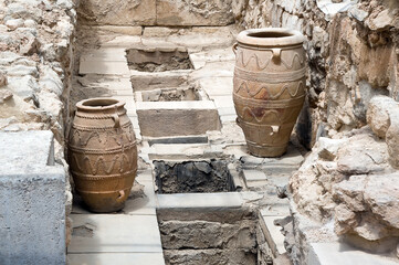 Giant clay jars from the Palace of Knossos, the largest Bronze Age archaeological site on Crete, Creece