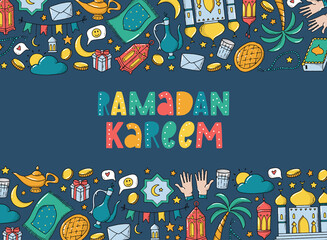 ramadan kareem hand lettering quote decorated with borders of doodles for posters, prints, cards, invitations, templates, etc. Islamic typography inscription. EPS 10