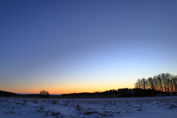 Morning at sunrise during the Swedish countryside. Winter and snow outside. Golden hour. Skokloster, near Stockholm, Sweden, Scandinavia, Europe.