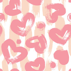 Seamless pattern with pink hearts. Dry brush.