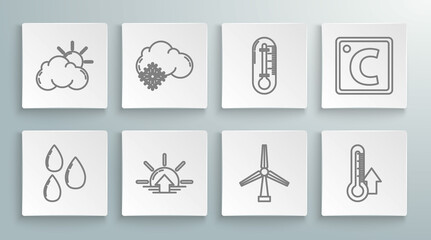 Set line Water drop, Cloud with snow, Sunrise, Wind turbine, Thermometer, Celsius and and cloud weather icon. Vector