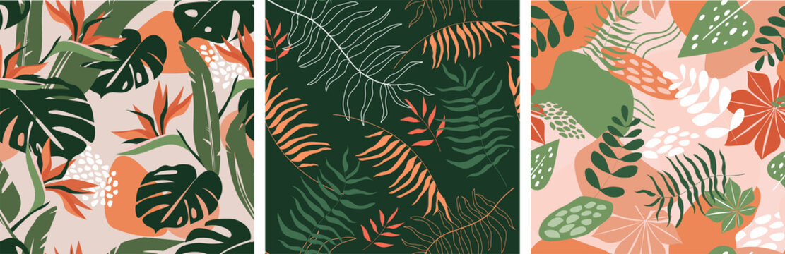 Seamless Pattern Set With Abstract Minimalistic Contemporary Tropical Exotic Print. Palm Leaves, Monsters, Bright Jungle Forest. Vector Graphics.