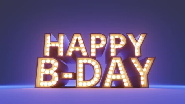 Beautiful Happy Birthday sign zoom in, zoom out seamless loop clip. Bright glowing, blinking, flickering yellow colored lamps. Violet background. Celebration, greeting card. 3D Render, 4K animation