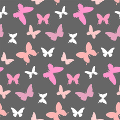 Butterfly pattern. Seamless background with pink and white butterflies on a gray background. Vector.