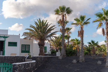 Fototapeta na wymiar Casa tradicional de Lanzarote en Islas Canarias con la fachada blanca y rodeada por palmeras en un día de verano soleado pero con alguna nube
