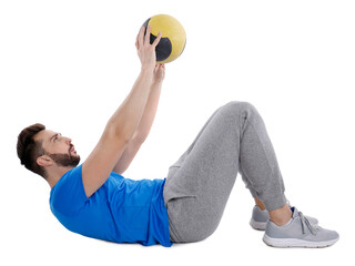 Fototapeta na wymiar Athletic man doing exercise with medicine ball isolated on white