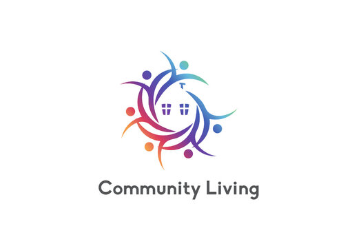 Community living logo concept featuring people forming a house shape together