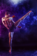 Full size of muay thai fighter who delivering leg kick to the head on smoke background. mixed media 