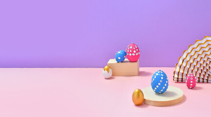 Festive mock up Easter concept with glamour decorated eggs on party background. Creative minimal holiday design for greeting card, celebration or sale. Trendy colored Easter eggs. Banner