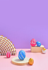 Mock up creative Easter composition. Colorful eggs with glamour gems decor, podiums on pink table. Minimal design for greeting holiday card. High angle view. Festive fan party. Happy Easter concept