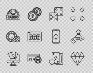 Set line Online poker table game, Diamond, Game dice, Credit card, Casino signboard, slot machine with lucky sevens jackpot, Playing clubs symbol and Hand holding money bag icon. Vector