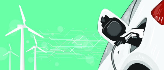Modern electric smart car charging at the charger station with a plug in cable Flat Vector illustration Electric vehicle with technology circuit and eco wind turbines Electrified future transportation