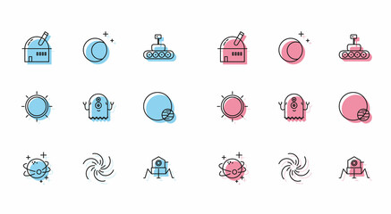 Set line Planet, Black hole, Astronomical observatory, Mars rover, Alien, Sun and Moon and stars icon. Vector