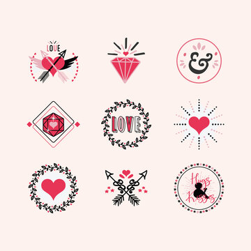 Cute elegant black, pink and red love and heart different emblems and stamps design element set on light pink background