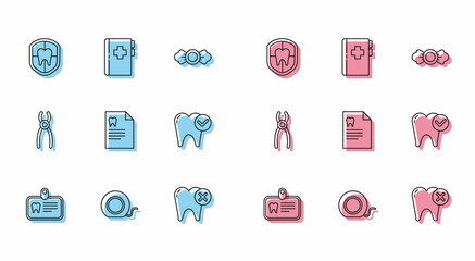 Set line Id card with tooth, Dental floss, protection, Tooth caries, Clipboard dental, whitening concept, pliers and icon. Vector
