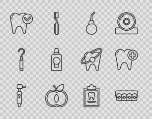 Set line Tooth drill, Teeth with braces, Enema pear, Apple, whitening concept, Mouthwash plastic bottle, Clipboard dental card and icon. Vector