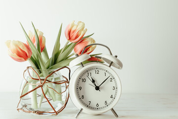 bouquet of fresh tulips in a glass vase and alarm clock