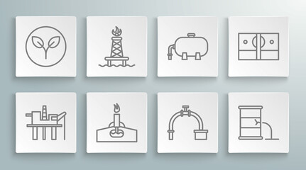 Set line Oil platform in the sea, rig with fire, Industry pipe and valve, Barrel oil leak, industrial factory building, Stacks paper money cash and Bio fuel icon. Vector