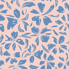 Abstract flowers with leaves seamless repeat pattern. Random placed, vector floral elements all over print on beige background.