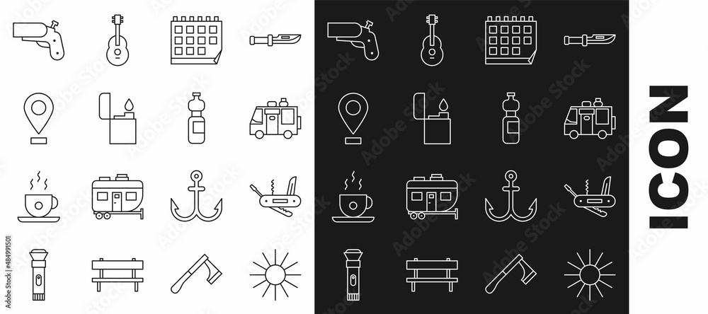 Wall mural Set line Sun, Swiss army knife, Rv Camping trailer, Calendar, Lighter, Location, Flare gun pistol and Bottle of water icon. Vector